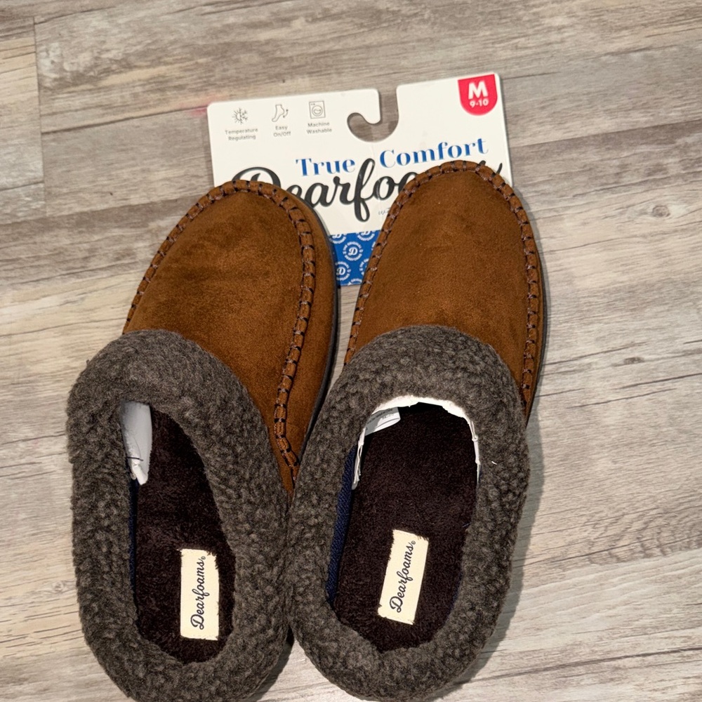 dearfoams Brown Suede Slip-On Moccasin Slippers with Dark Gray Sherpa Collar